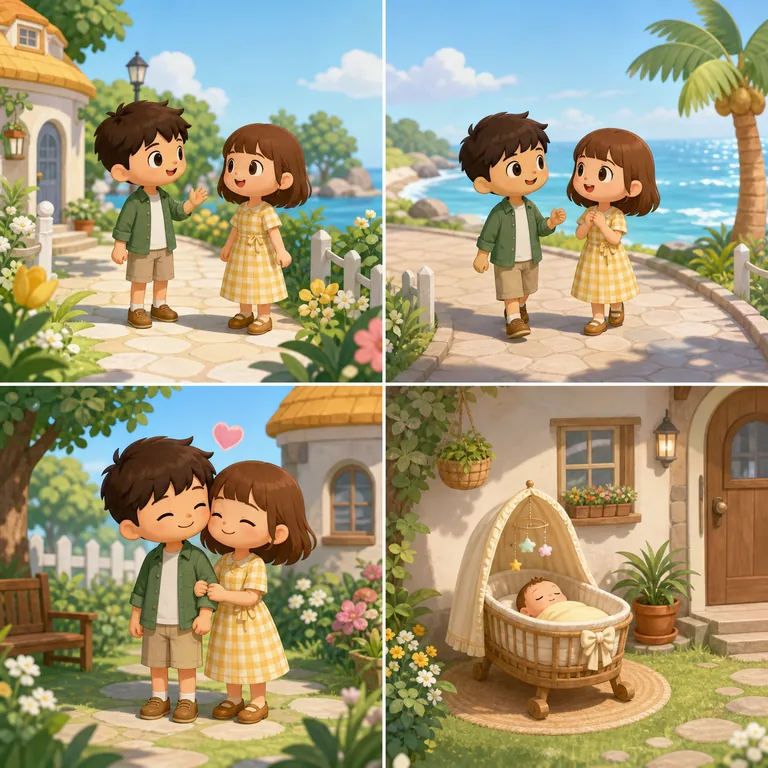 Four-panel conceptual flow from a Mii introduction to a couple and a baby cradle