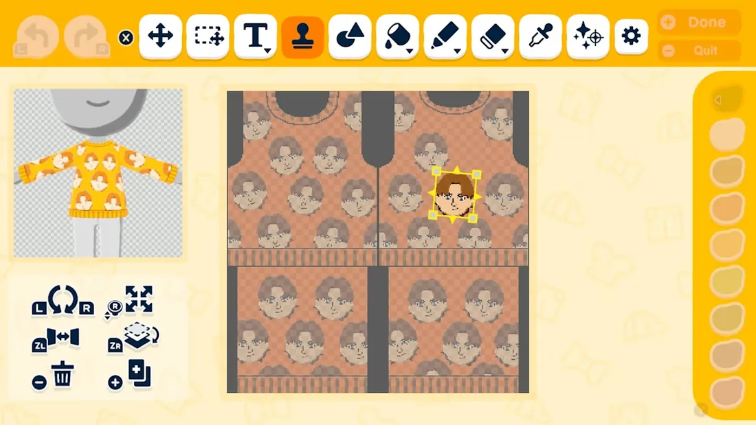Editor oficial de ropa de Tomodachi Life con una prenda de vista previa y un patrón repetido