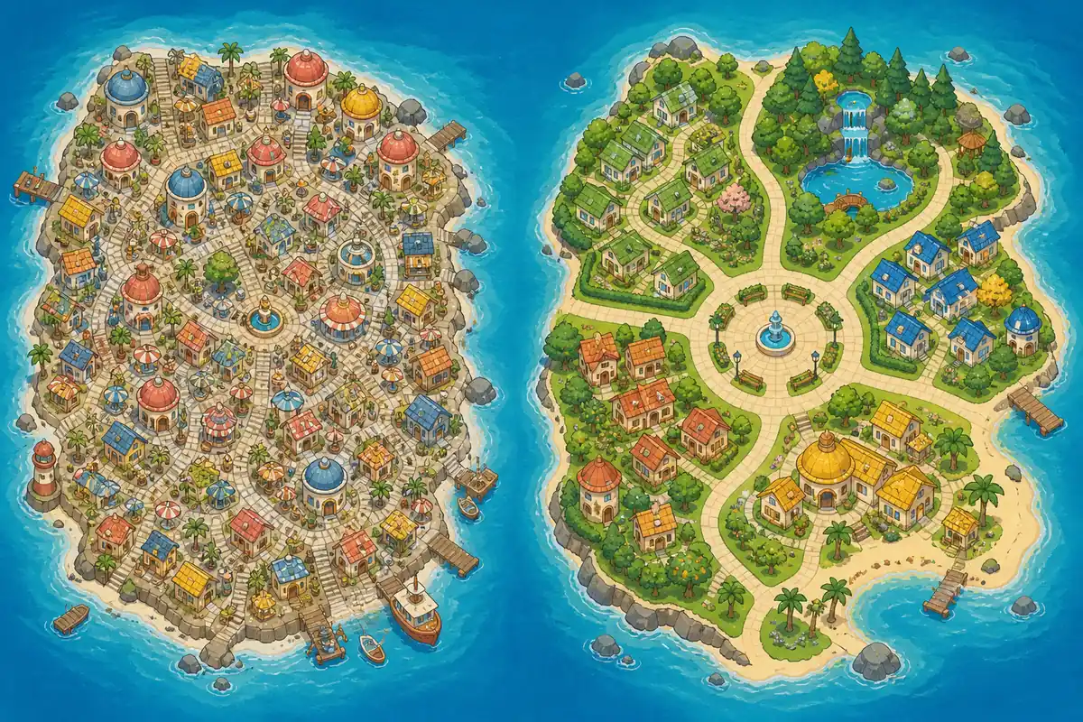Conceptual comparison between a crowded island layout and a balanced island with clear neighborhoods