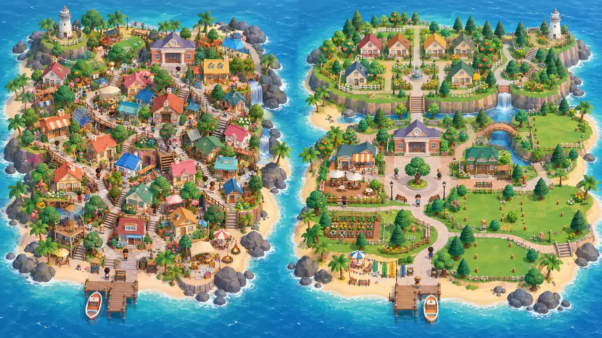 Comparaison éditoriale entre une île encombrée et une île avec des chemins et un espace libre