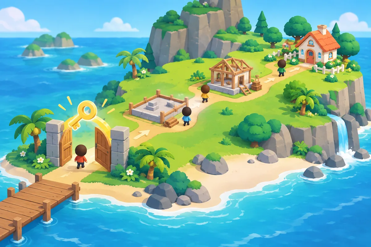 Illustration éditoriale d'une porte d'île ouverte vers des maisons pour expliquer le déblocage du constructeur
