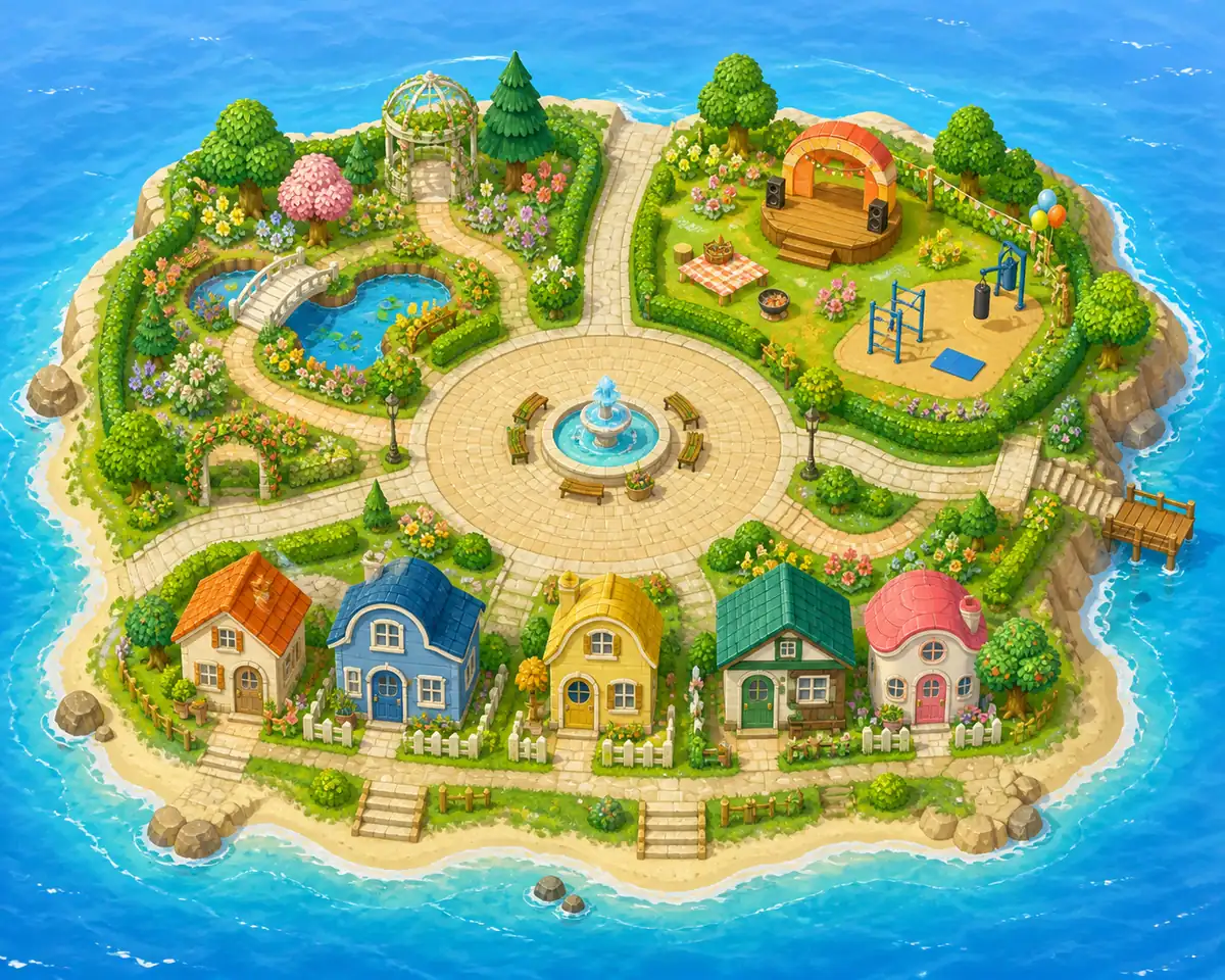 Conceptual top-down island illustration with a central plaza, homes, nature area, and activity zone