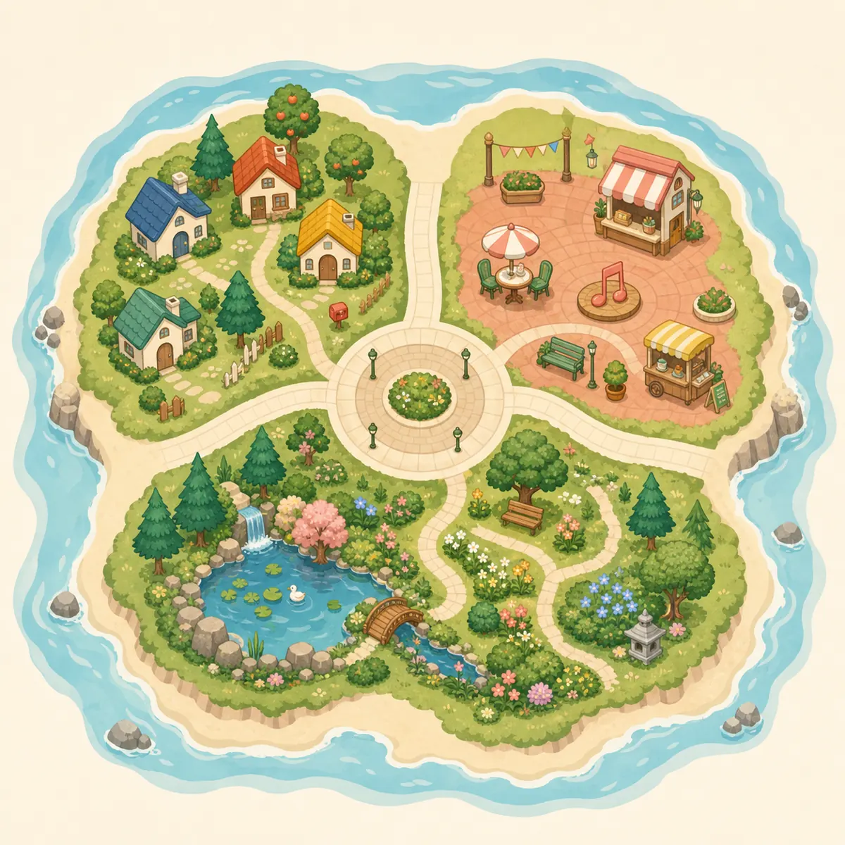 Conceptual island layout showing a central plaza connected to home, social, and nature zones