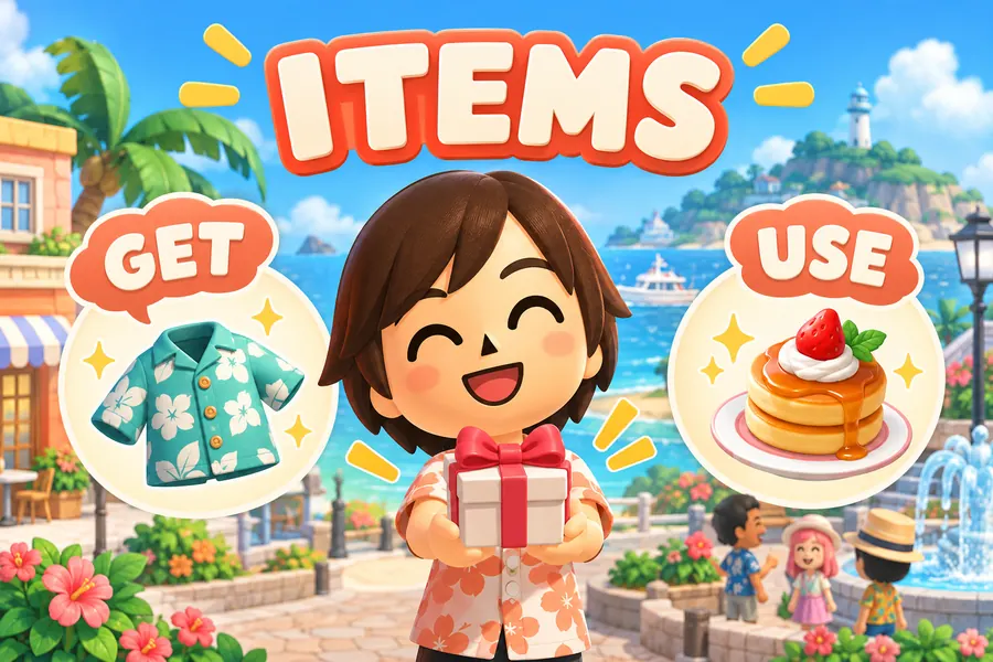 Redaktionelle Illustration mit Geschenk, Kleidung und Essen als Tomodachi-Life-Gegenstände auf einer Insel