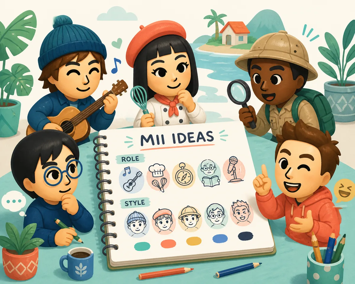 Concept illustration of varied Mii character ideas planned around roles and styles