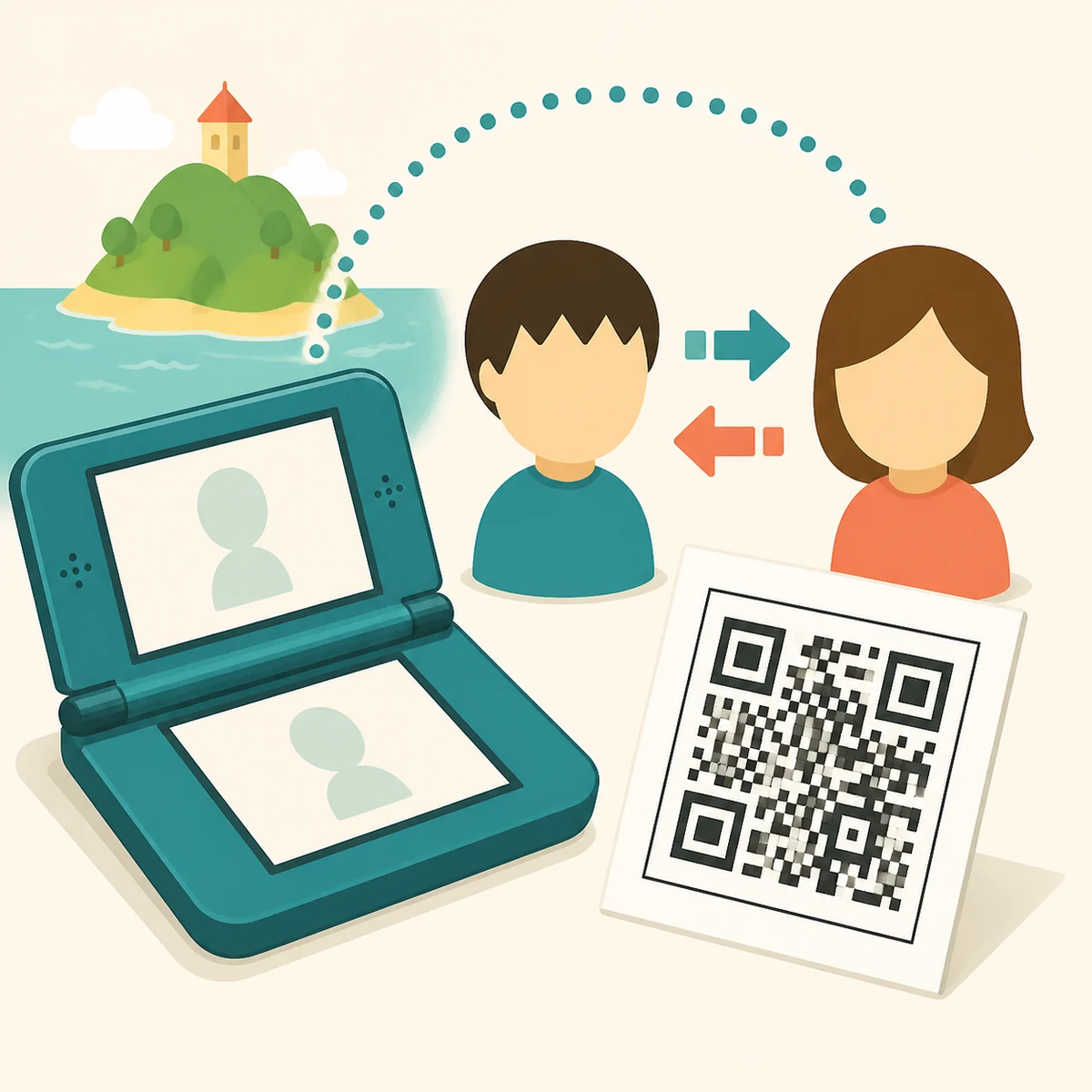 Conceptual illustration of a classic handheld, Mii-like avatars, and a QR code for Tomodachi Life sharing