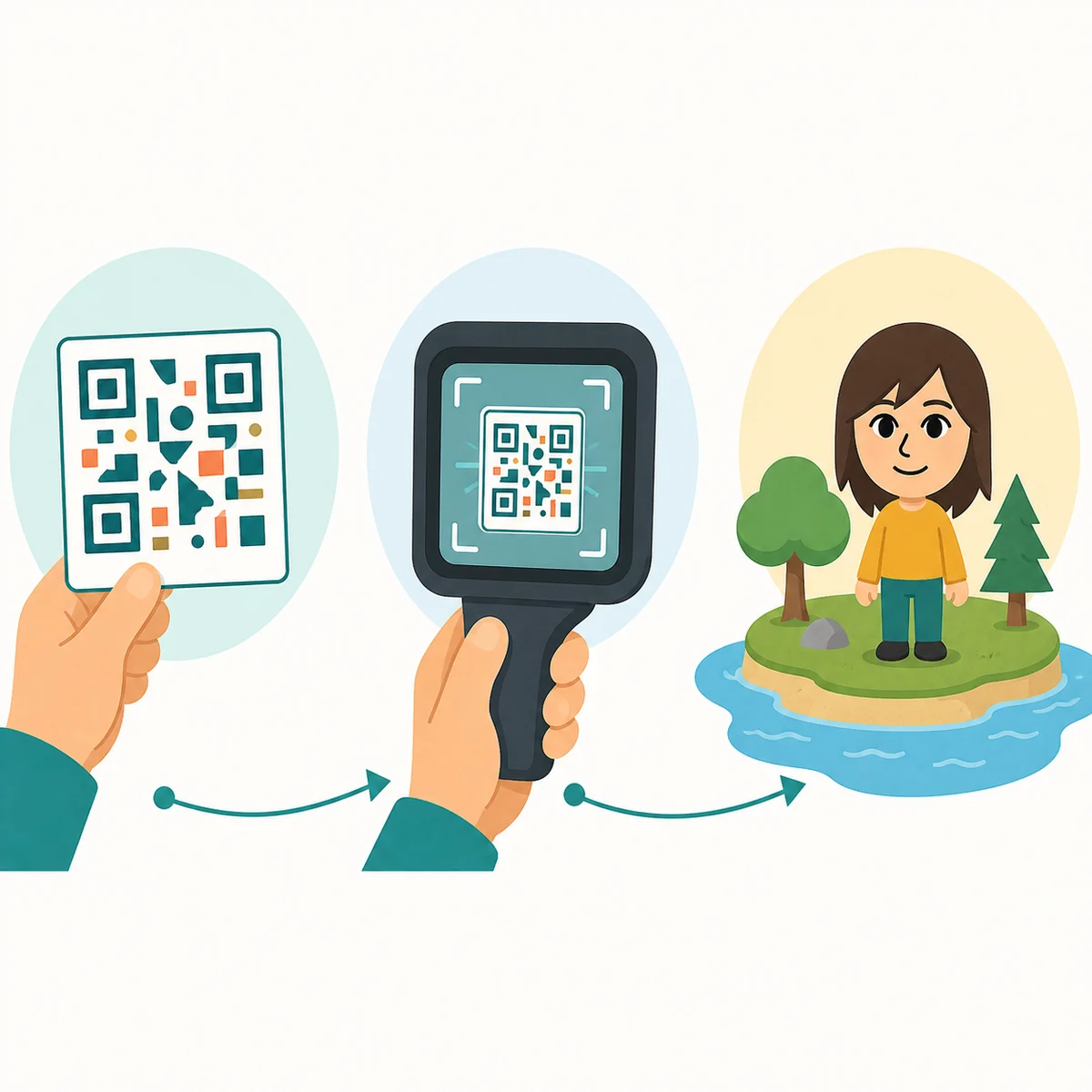 Conceptual three-stage flow from a QR card to a handheld scan and a Mii-like island resident
