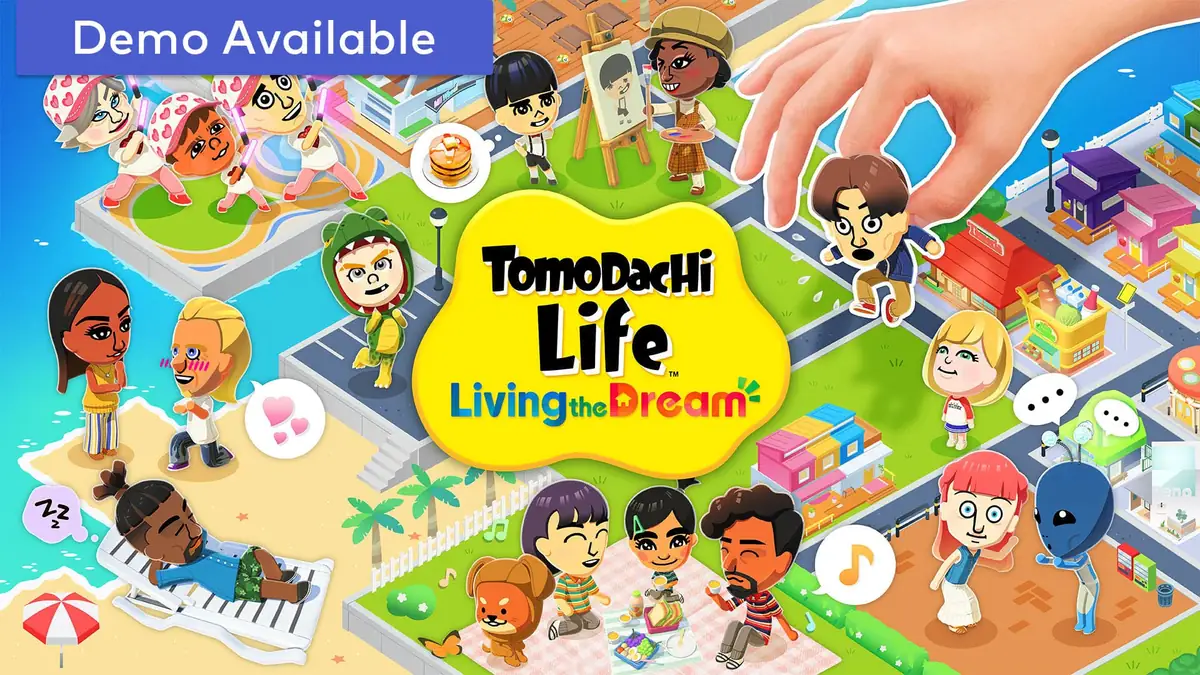 Immagine ufficiale di Tomodachi Life con Mii, piazza e note musicali