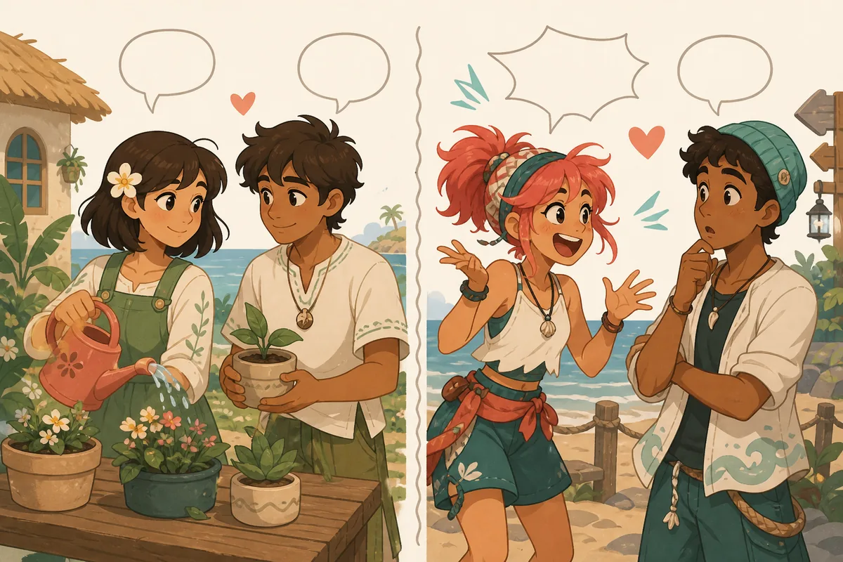 Comparison illustration of a calm compatible Mii pair and an energetic contrasting pair that needs patience