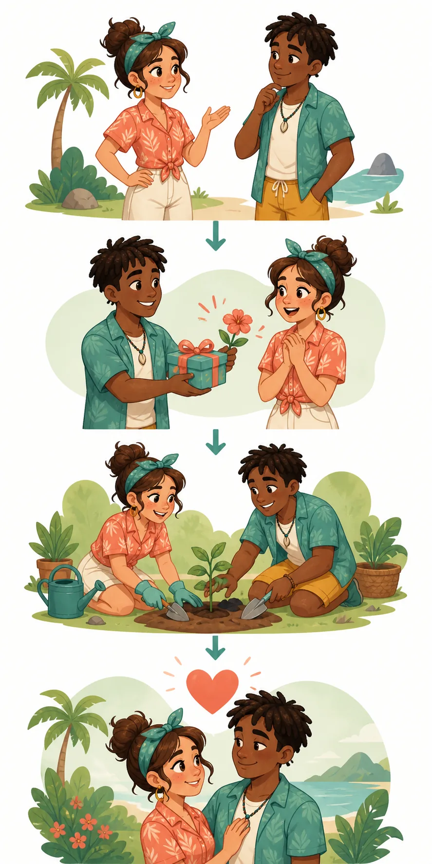Four-step editorial flow showing an introduction, a thoughtful gift, a shared activity, and a positive relationship signal