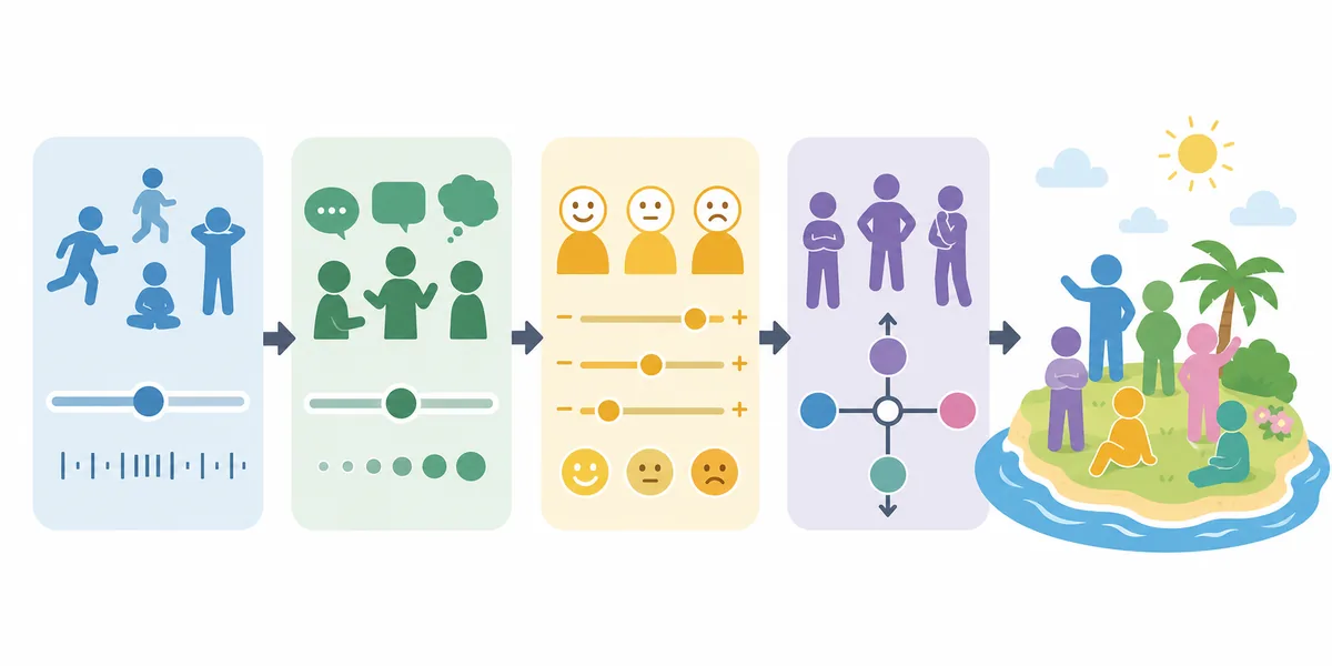 Fluxo ilustrado para escolher eixos de personalidade antes de salvar um Mii