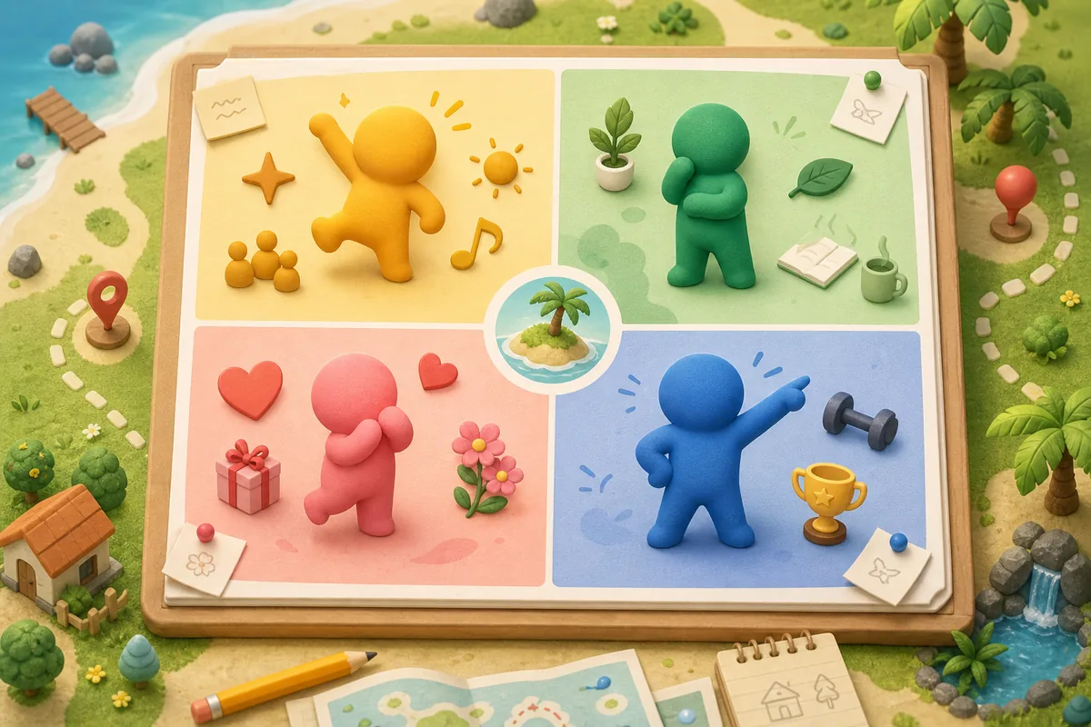 Ilustração de ilha com quatro quadrantes de personalidade de Tomodachi Life