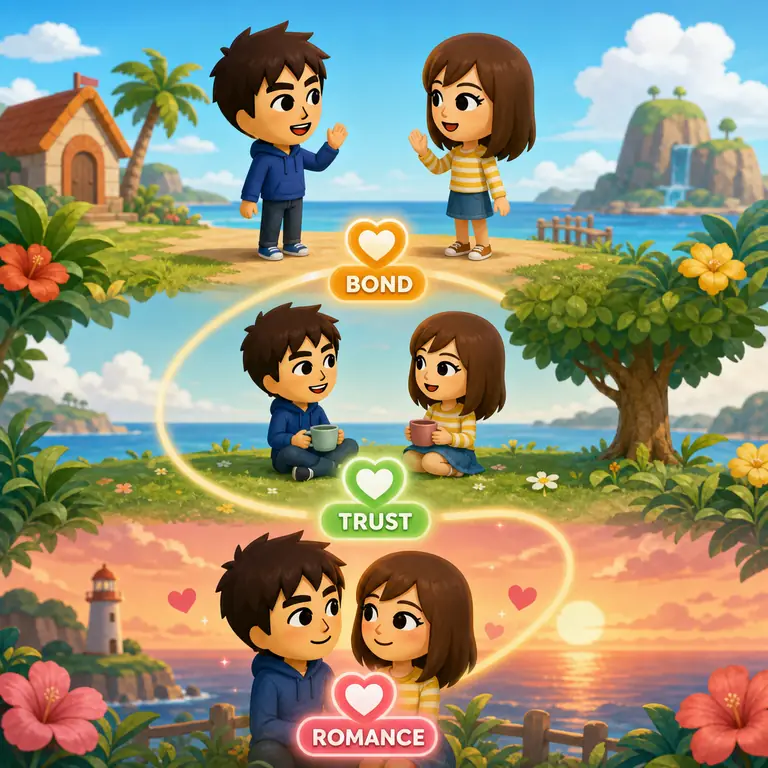 Conceptual illustration of two Tomodachi Life residents moving through bond trust and romance relationship stages
